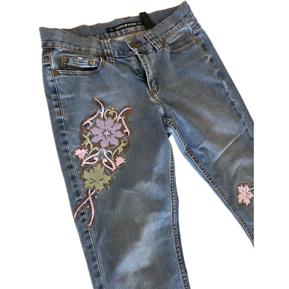 DKNY Jeans Womens Size 4 Embroidered Floral Y2K Bootcut Blue Denim - Picture 5 of 16